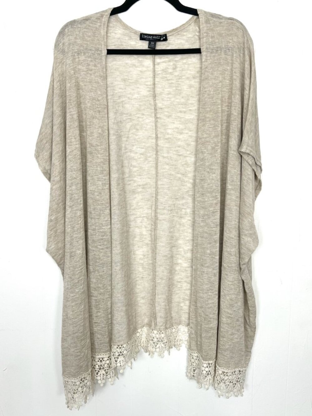 Living Doll Tan Lace Trim Knit Cover Up Long Cardigan Size 3X